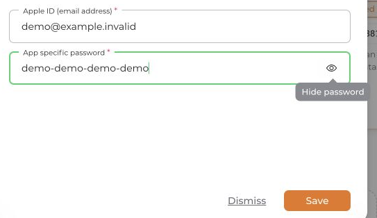 Visible example password in the iCloud form with the eye control to hide it again