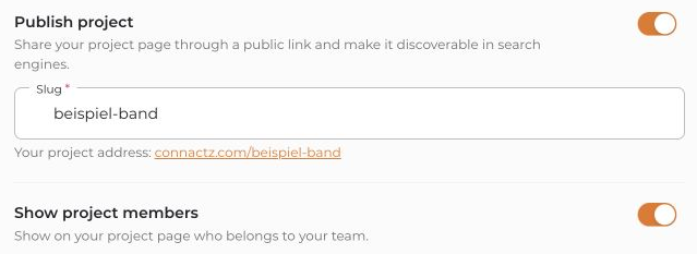 Public project page publication, URL slug, and team visibility controls