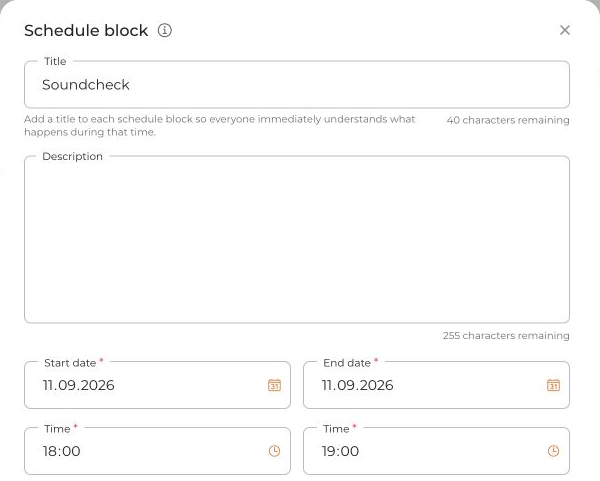 Edit a schedule block's title, description and time range.