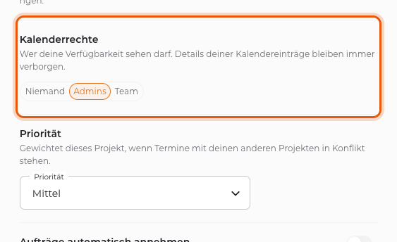 Meine Einstellungen: Kalenderrechte „Niemand“, „Admins“ oder „Team“