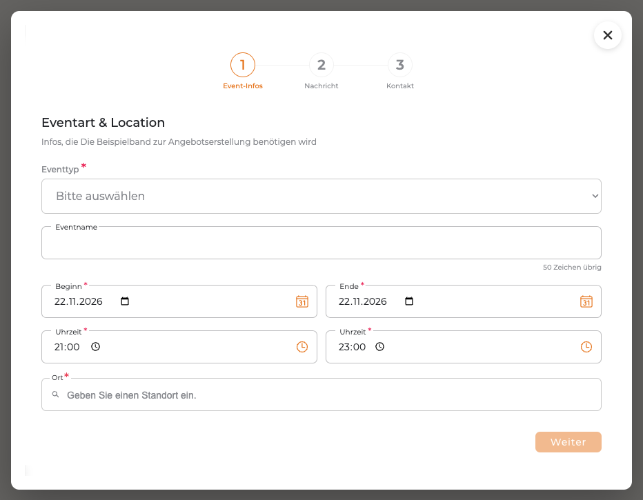 Anfrageformular, das sich nach dem Klick auf den Button über der Website öffnet