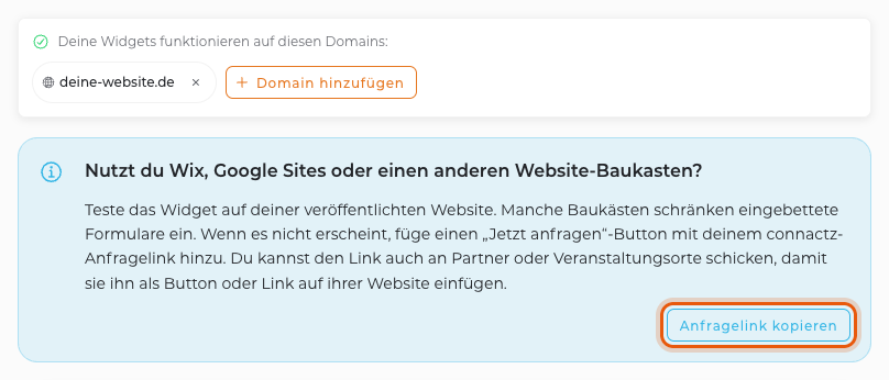 Hinweis „Nutzt du Wix, Google Sites oder einen anderen Website-Baukasten?“ mit markiertem Button „Anfragelink kopieren“