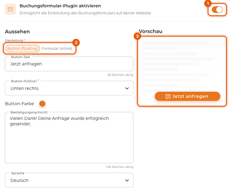 Buchungsformular-Plugin mit Schalter (1), Darstellung (2) und Vorschau (3)