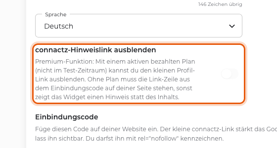 Option „connactz-Hinweislink ausblenden“ mit Hinweis zur Premium-Funktion