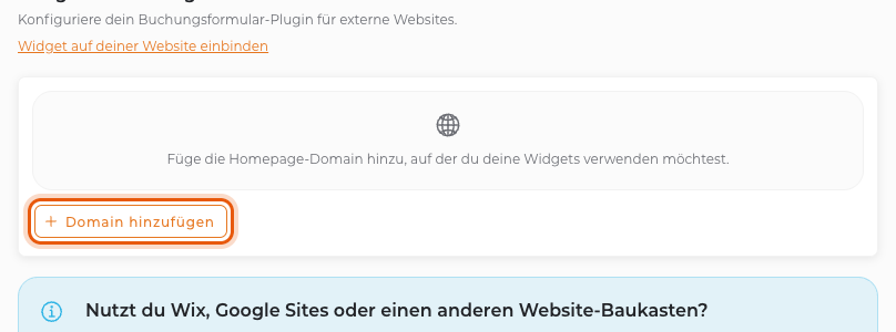 Hinweis ohne freigegebene Domain mit markiertem Button „Domain hinzufügen“