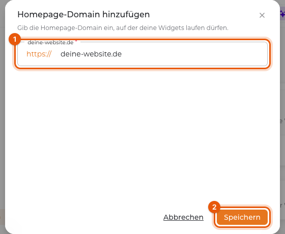 Dialog „Homepage-Domain hinzufügen“ mit eingetragener Domain (1) und Speichern-Button (2)