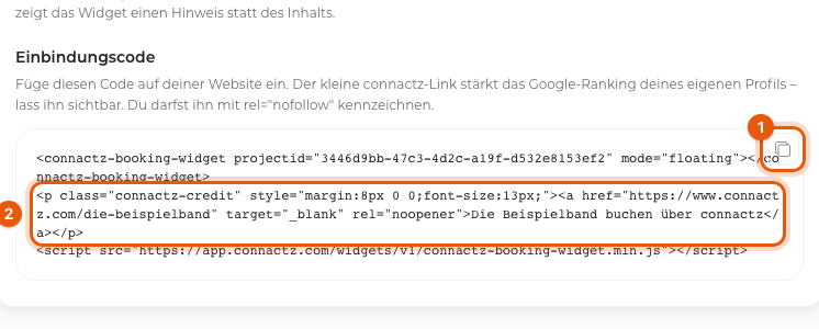 Einbindungscode mit Kopier-Button (1) und der connactz-Link-Zeile (2)