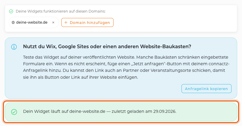 Grüne Bestätigung „Dein Widget läuft auf deine-website.de“ in den Widget-Einstellungen