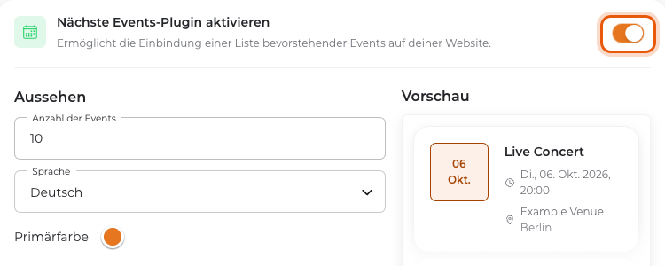 Schalter „Nächste Events-Plugin aktivieren“