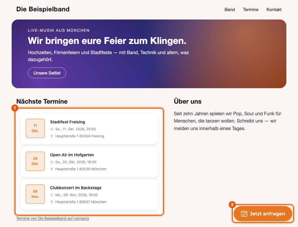 Beispiel-Website einer Band mit eingebundener Terminliste (1) und schwebendem Button „Jetzt anfragen“ (2)