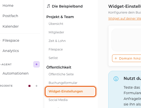 Projekt-Navigation mit markiertem Eintrag „Widget-Einstellungen“
